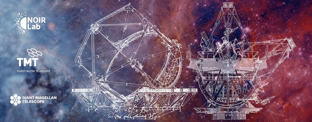 Blue prints of GMT and TMT over a spectacular image of a molecular cloud.