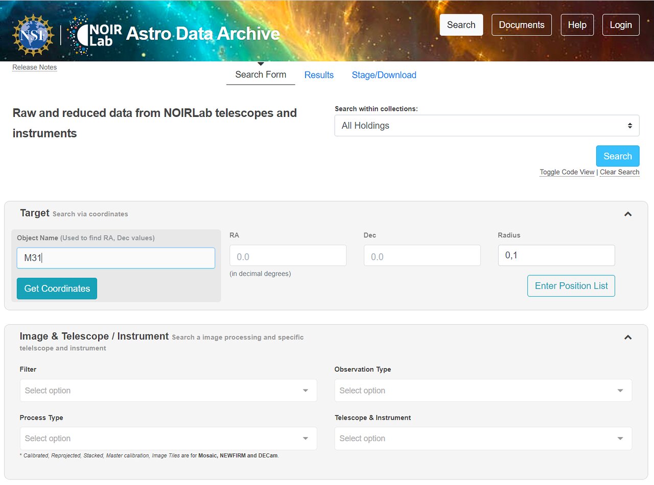 NOIRLab Astro Data Archive screenshot