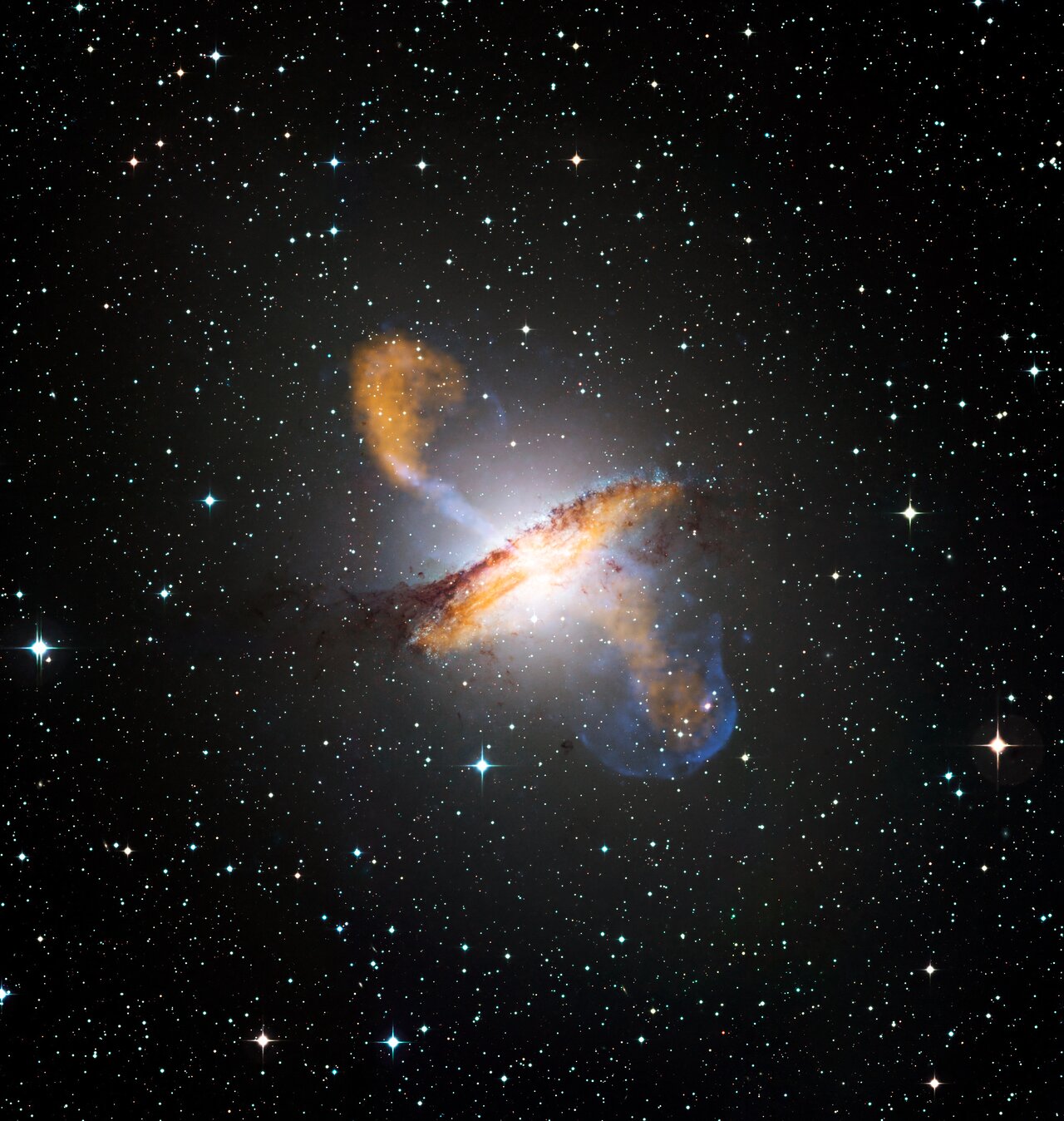Composite of Centaurus A revealing lobes and jets from galaxy's black hole