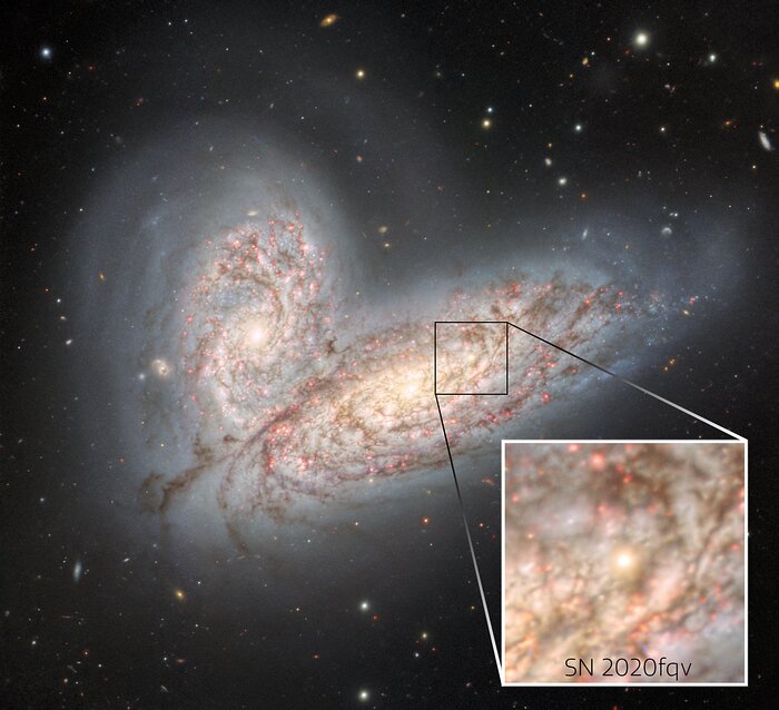 Fusión de las galaxias NGC 4568 y NGC 4567 junto con la supernova SN 2020fqv (en el recuadro)